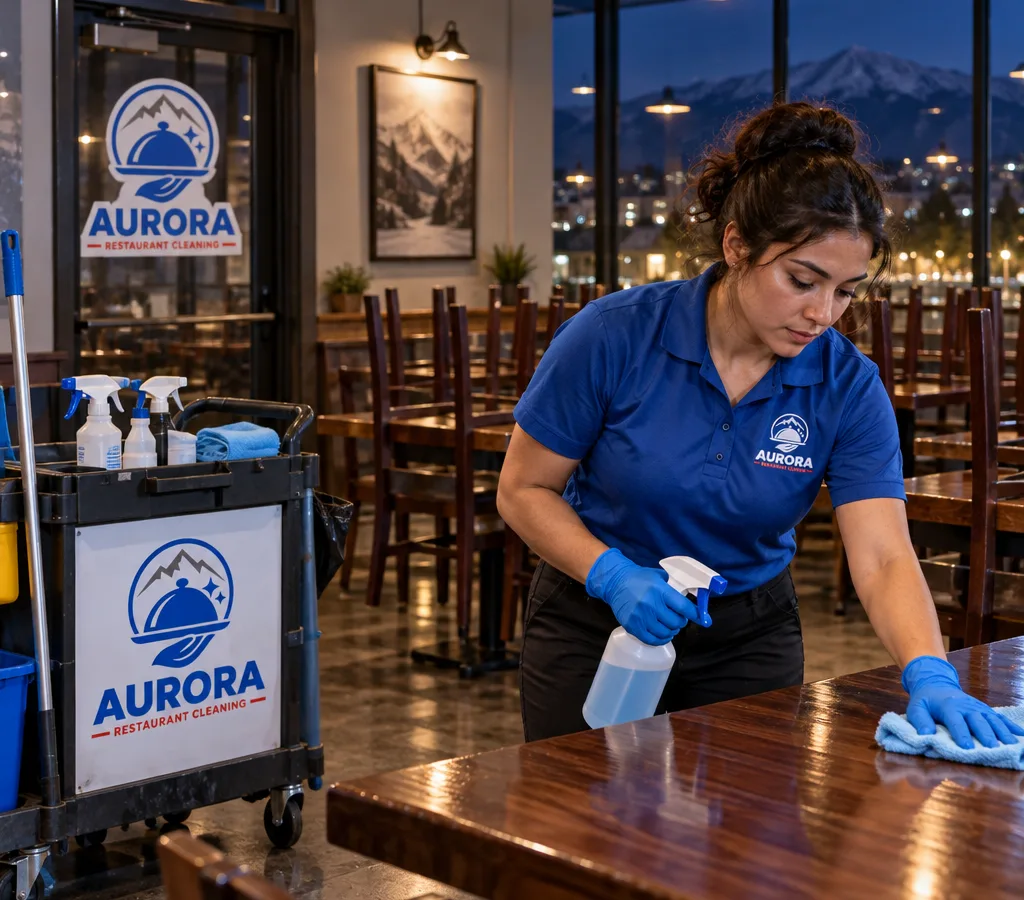 Night-time commercial cleaner disinfecting high-touch surfaces in a closed restaurant dining area with chairs raised and floors ready for mopping
