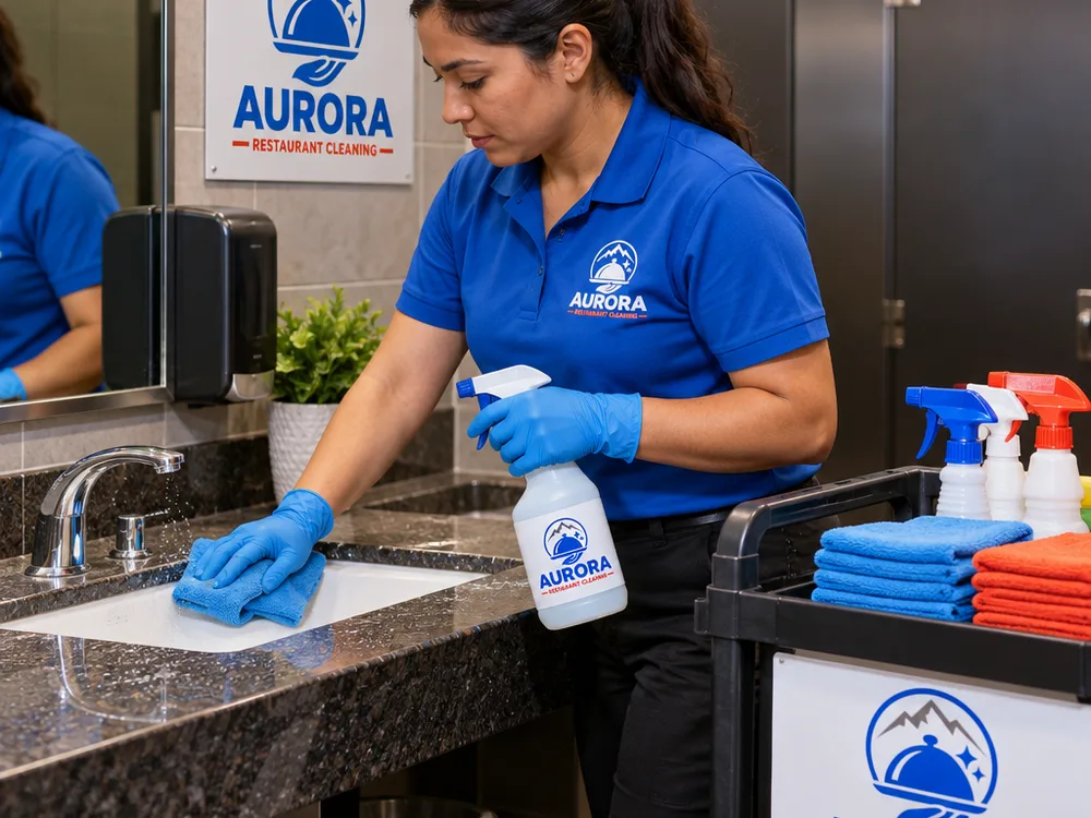 Cleaner using color-coded microfiber cloths and labeled disinfectant while detailing a commercial restroom sink area