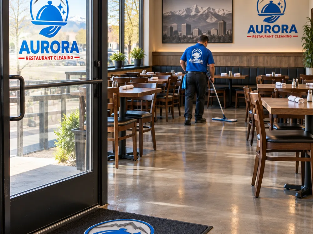 Commercial dining room with clean floors, straightened seating, and spot-free entry glass before opening