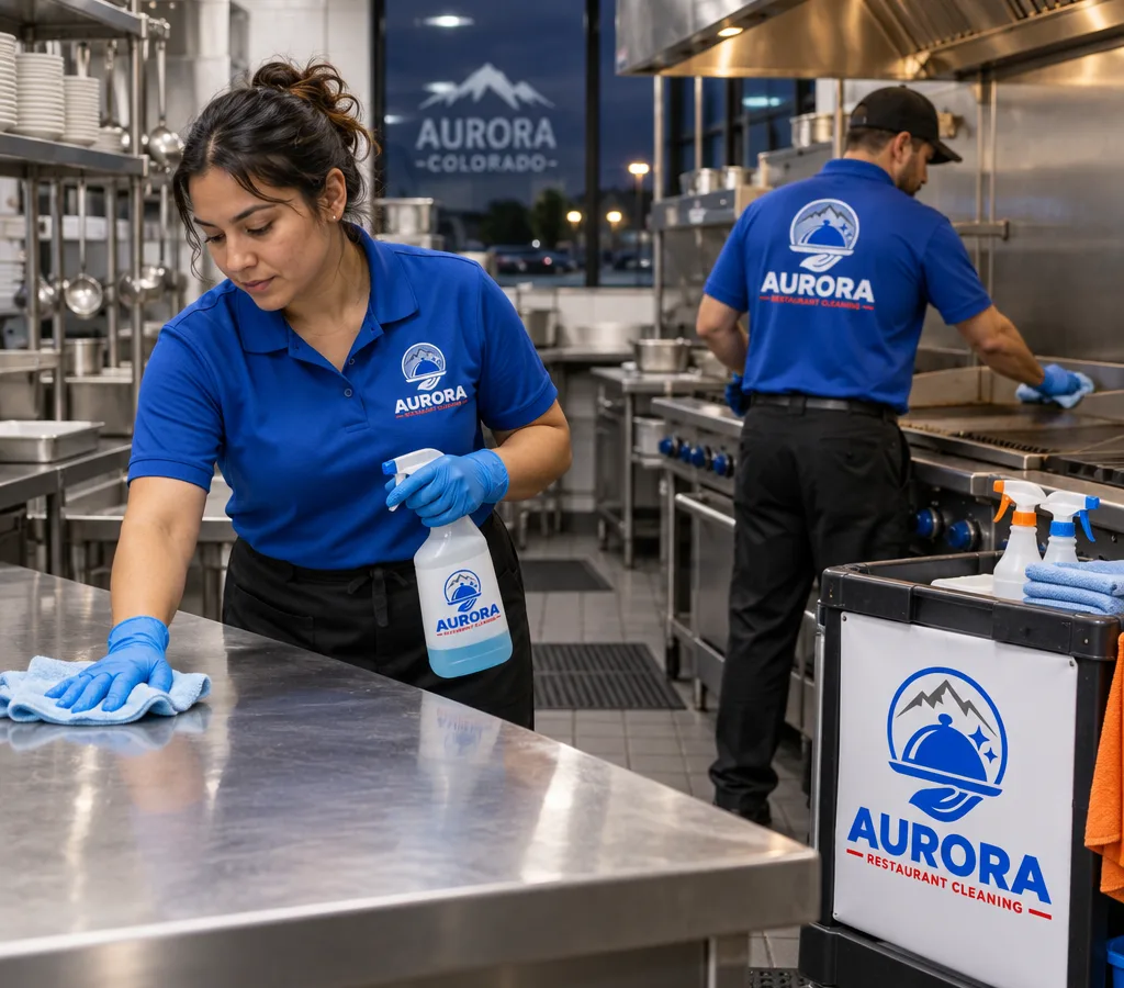 Professional restaurant cleaners sanitizing stainless prep tables and cooking-line surfaces in an Aurora commercial kitchen after close