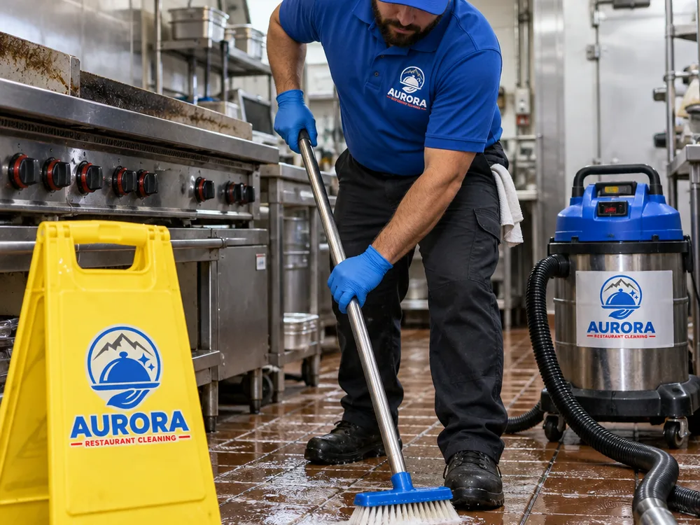 Cleaner detailing commercial kitchen floors and grout with wet-floor signage and degreasing work in progress