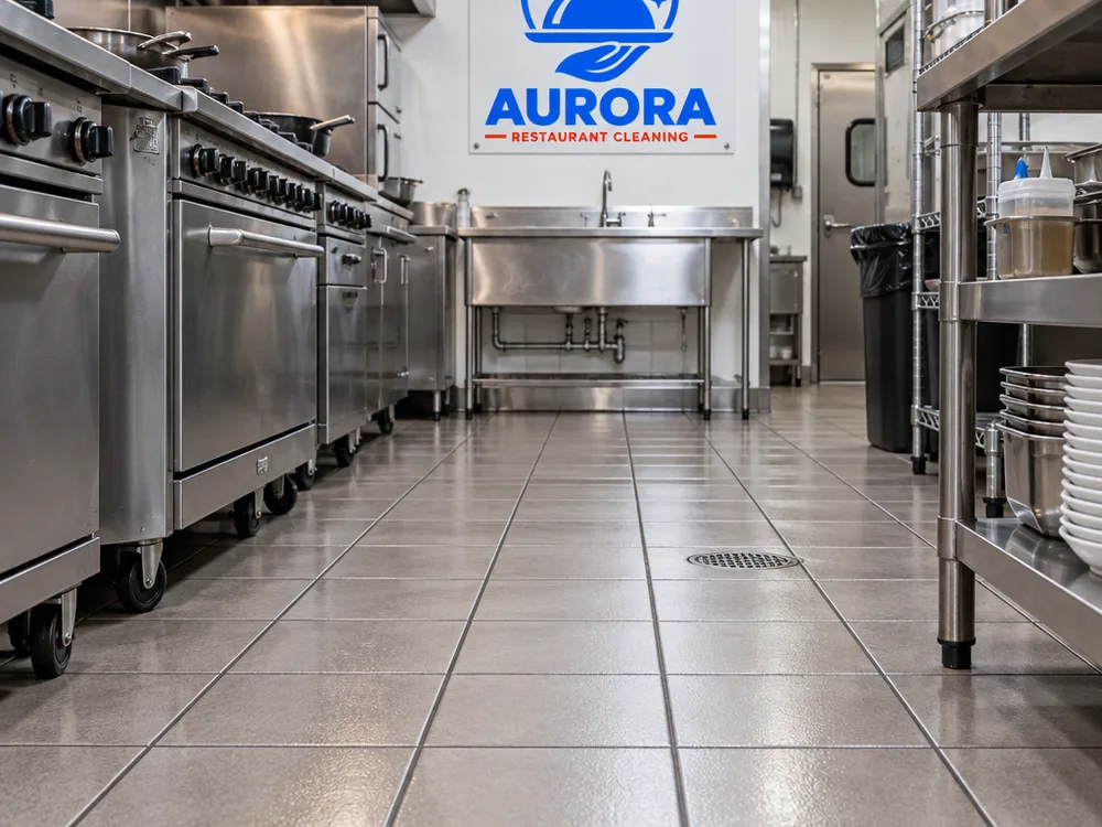 Clean and dry commercial kitchen floor after scrubbing and degreasing with restored grout lines