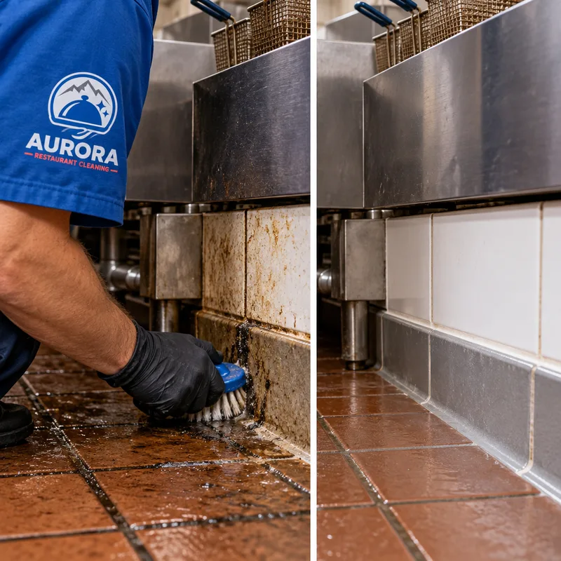 Technician hand-scrubbing greasy tile grout and the floor-wall cove base behind a commercial fryer line