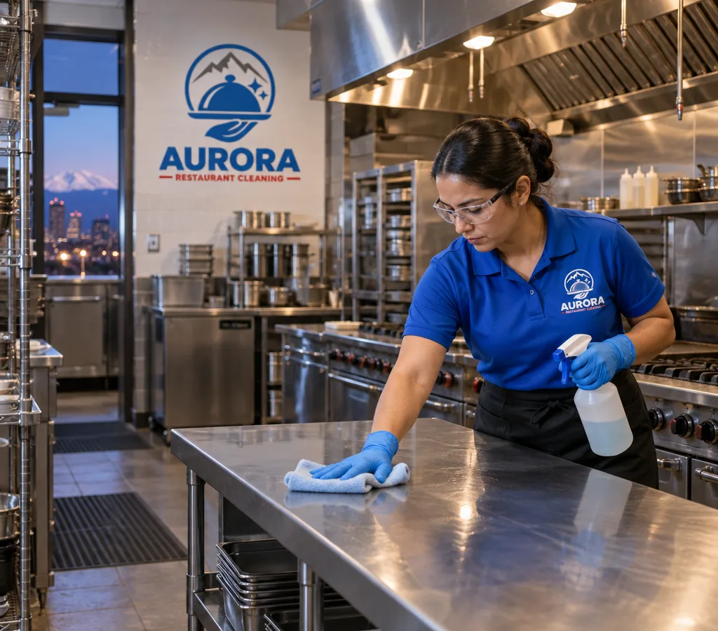 Professional cleaner in PPE wiping a stainless prep table beside a commercial range and hood line after close
