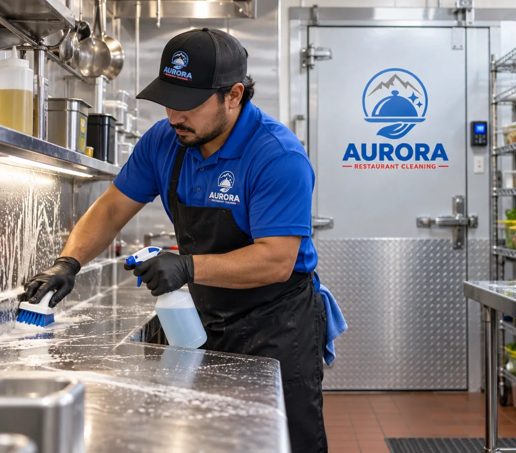 Commercial kitchen team member deep cleaning a stainless prep line and backsplash with a walk-in cooler door in the background
