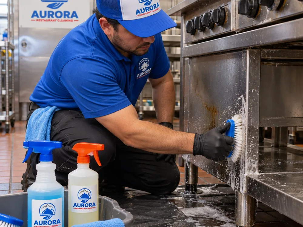 Cleaner detail-scrubbing the side and underside of a commercial range and stainless stand with controlled commercial tools