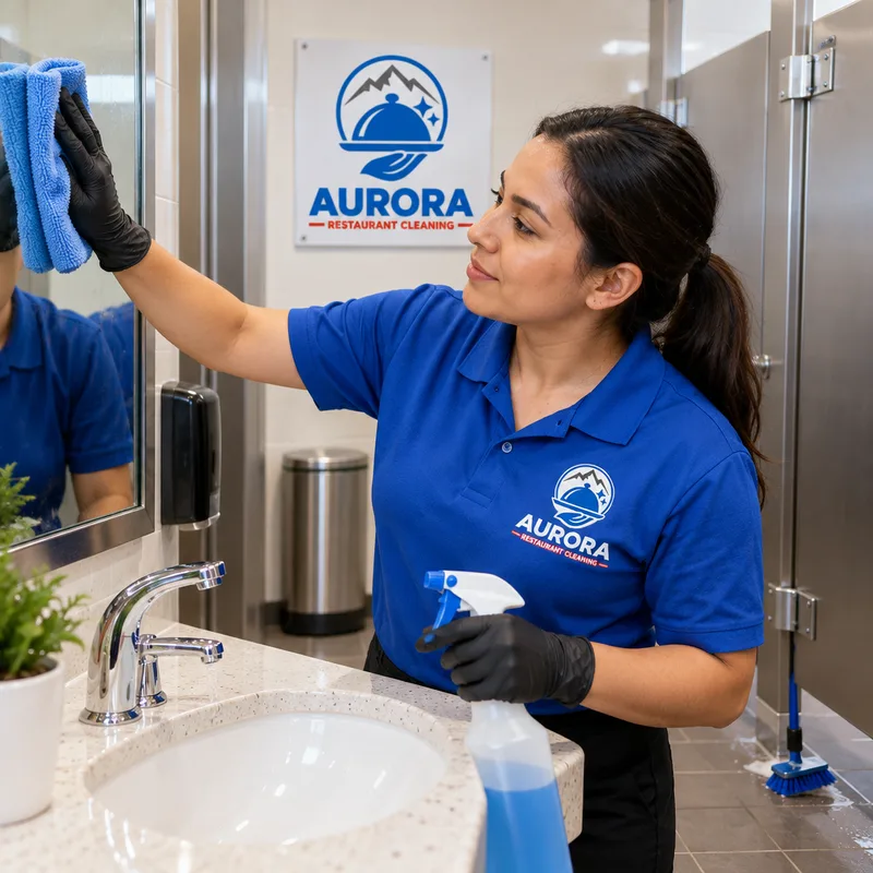 Polished restaurant restroom mirror, disinfected sink fixtures, clean partition hardware, and visibly scrubbed floor edges
