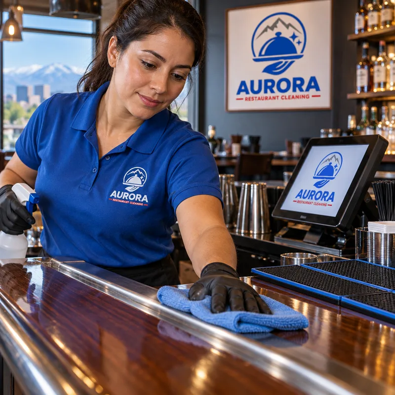 Cleaned restaurant bar rail and bar top with a streak-free finish, sanitized POS touch area, and neatly arranged bar mats