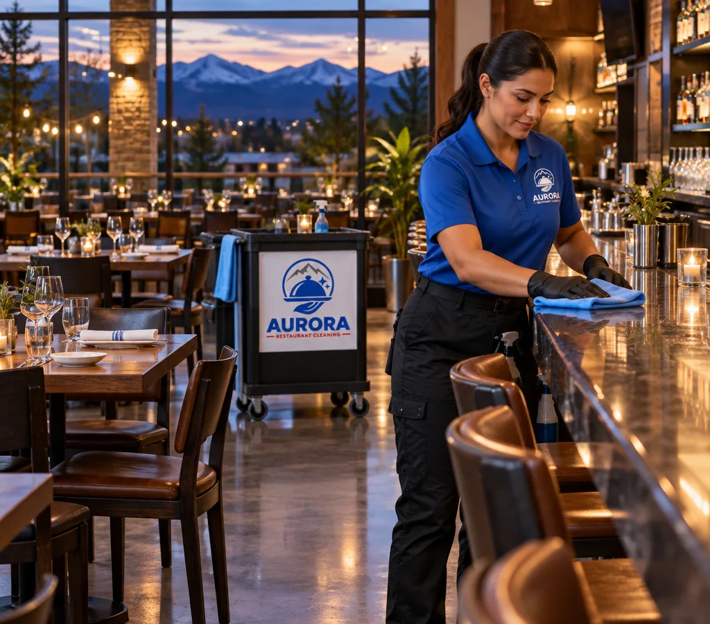 Evening front-of-house restaurant in Aurora with spotless tables, a clean bar, shining floors, and a cleaner completing the final wipe-down