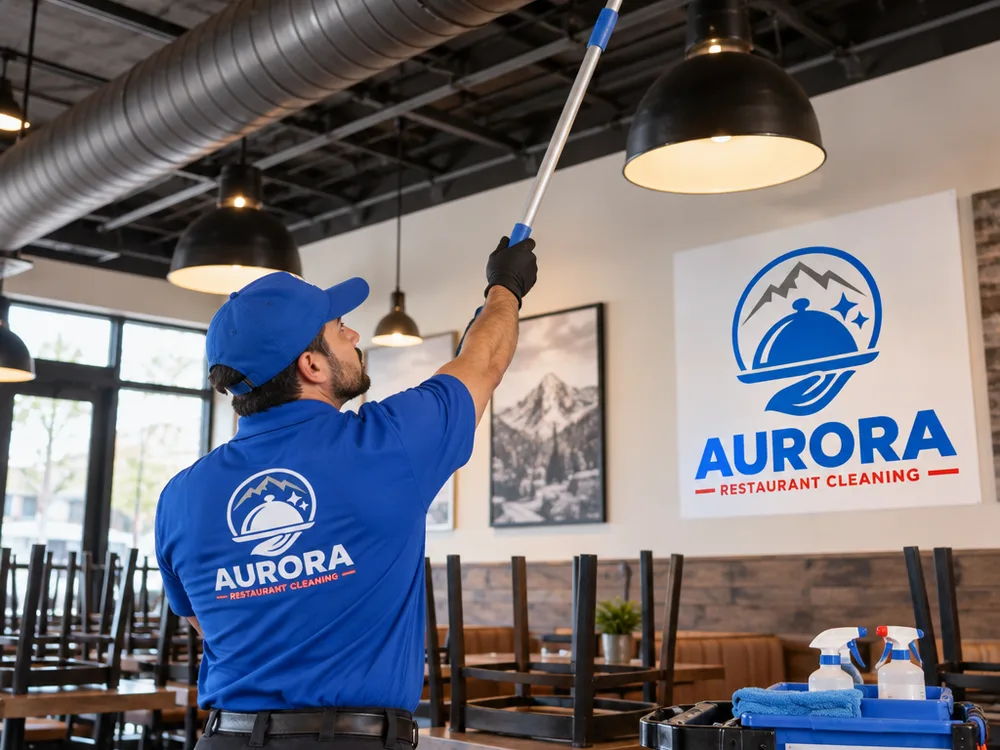 Cleaner high dusting a restaurant vent and light fixture with an extension pole while the dining area is protected