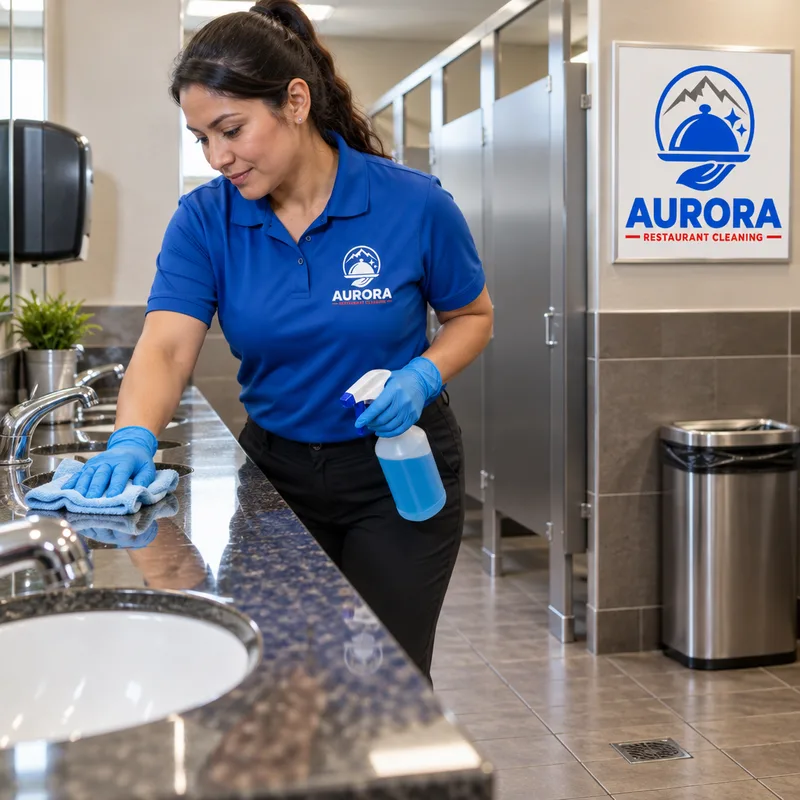 Cleaned and restocked restaurant restroom with polished fixtures, wiped partitions, empty trash, and scrubbed floor edges