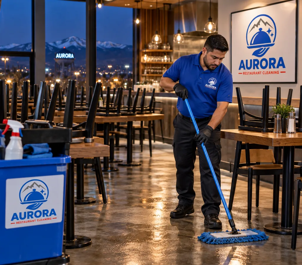 Night cleaner mopping a restaurant dining area after hours with chairs raised and floors staged for the morning opening