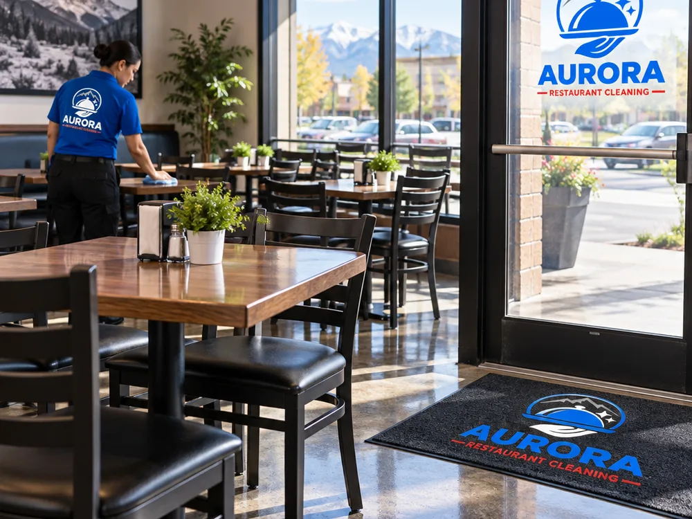 Restaurant dining area after overnight cleaning with aligned chairs, wiped tables, clean floors, and spot-free entry glass