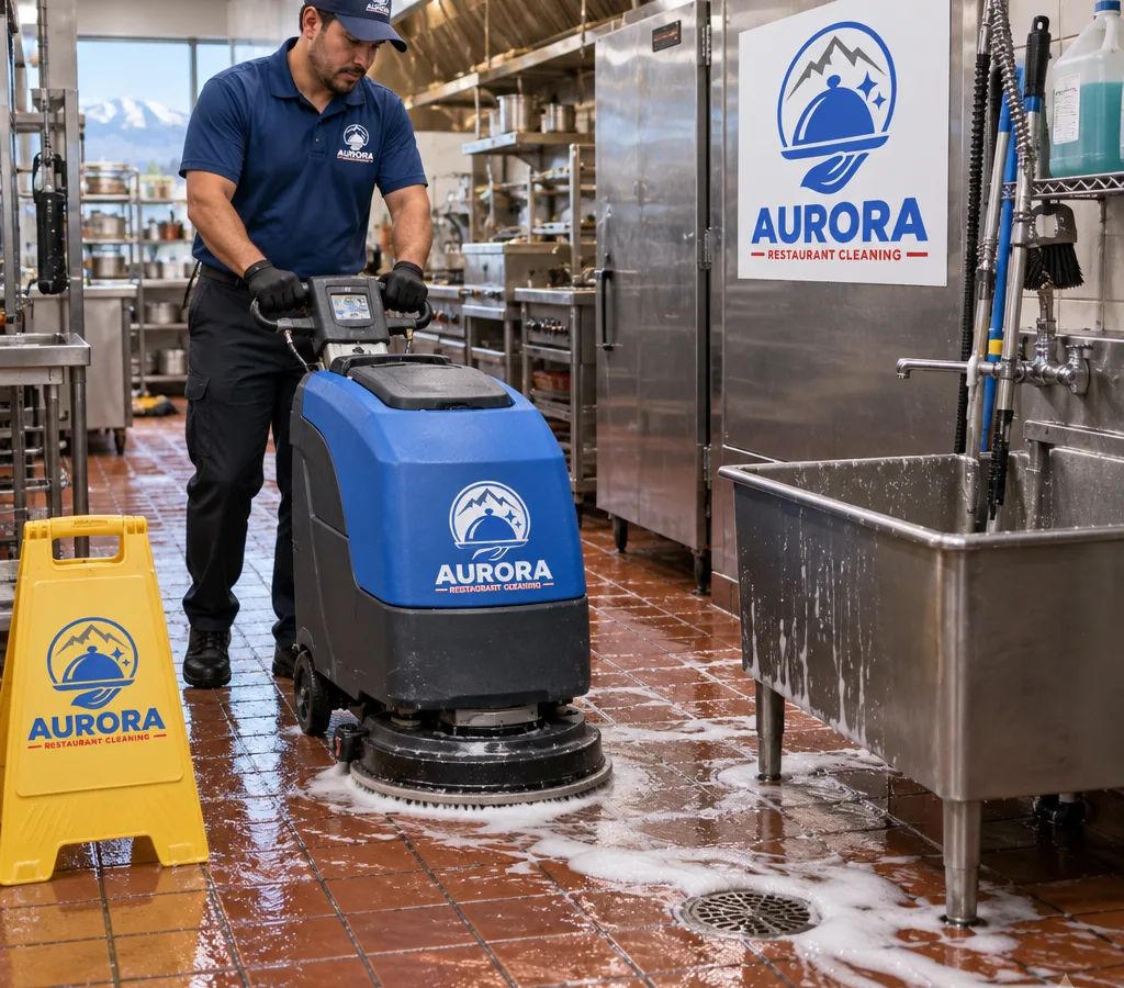Technician using a commercial floor scrubber on a restaurant kitchen quarry tile floor with degreaser foam, wet-floor signage, and safety footwear