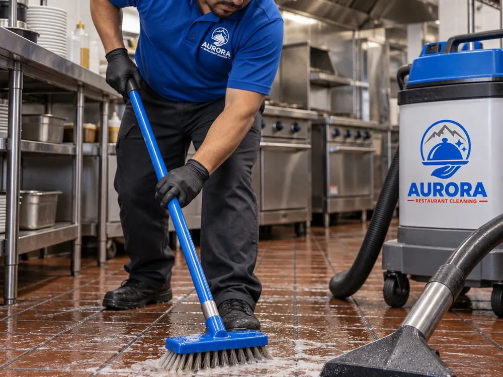 Close-up of commercial kitchen quarry tile and grout during deck-brush agitation with a neutralized rinse being recovered by wet vacuum
