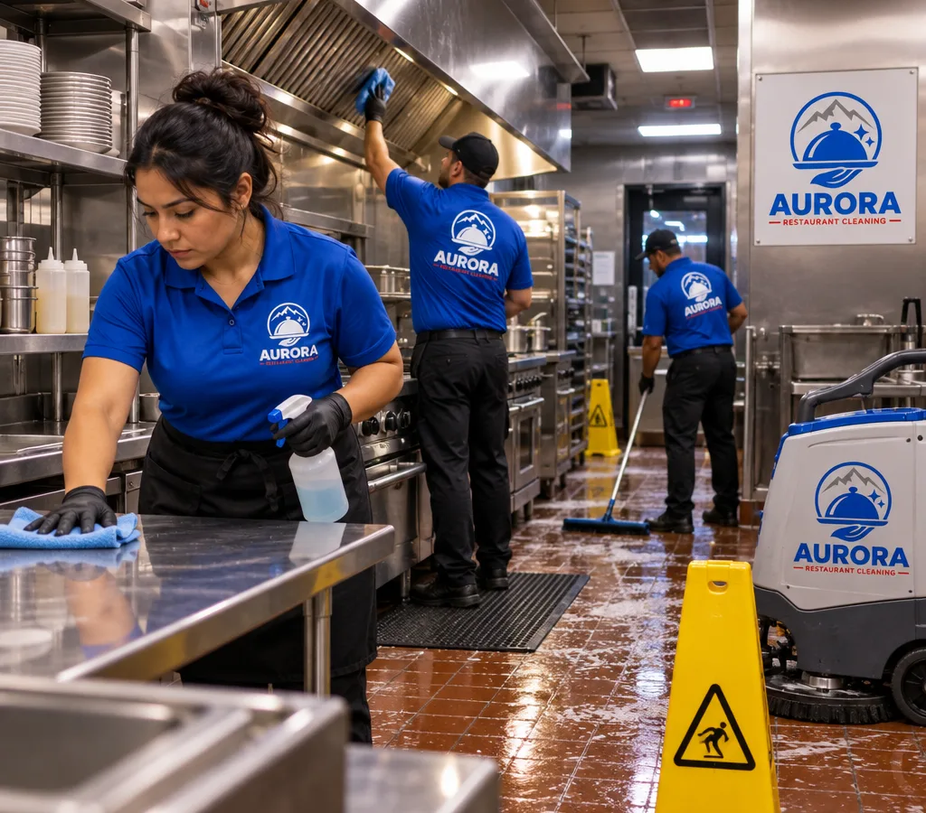 After-hours commercial kitchen cleaning crew sanitizing stainless prep tables and the hood line in a Commerce City restaurant kitchen