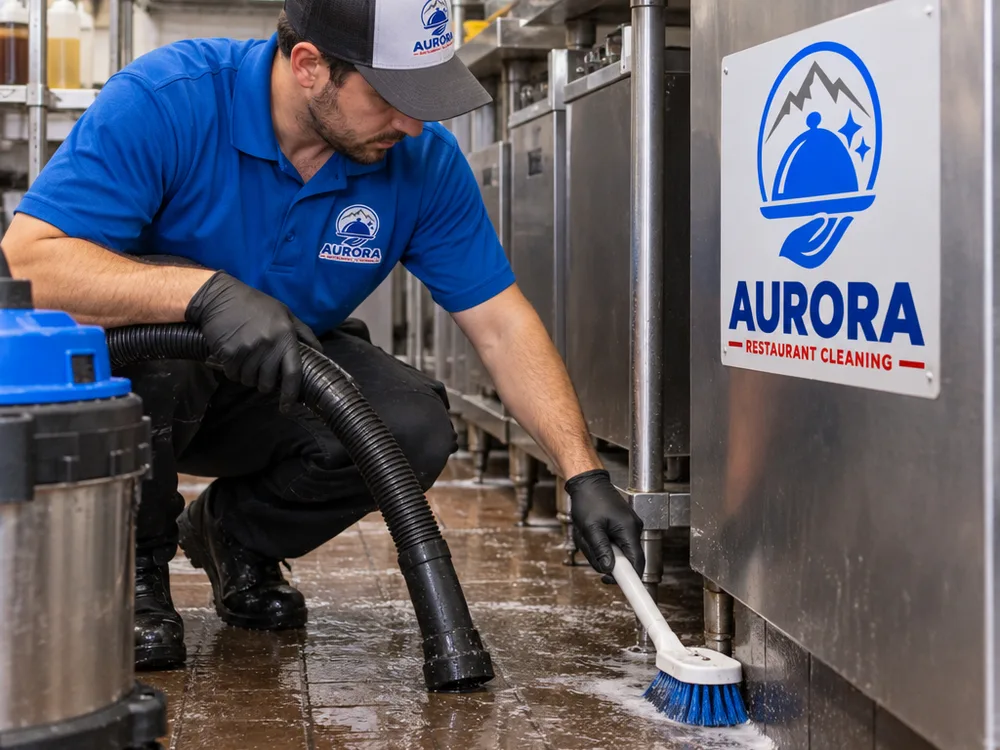 Technician detail-cleaning a commercial kitchen floor edge and baseboard behind a prep line