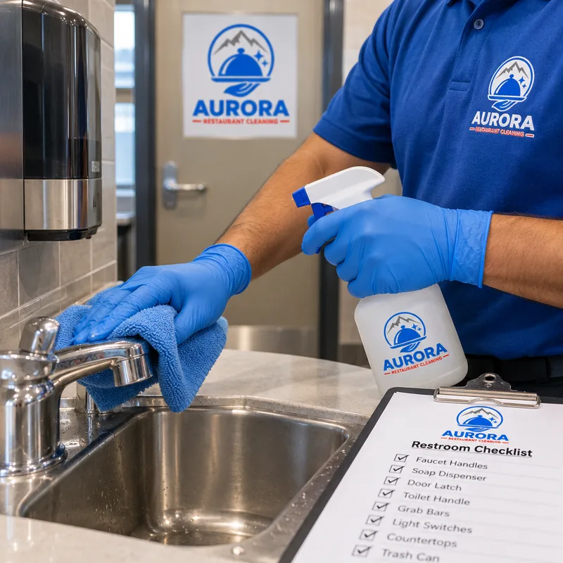 Gloved technician disinfecting restroom faucet handles, soap dispenser, and door latch beside a restroom checklist