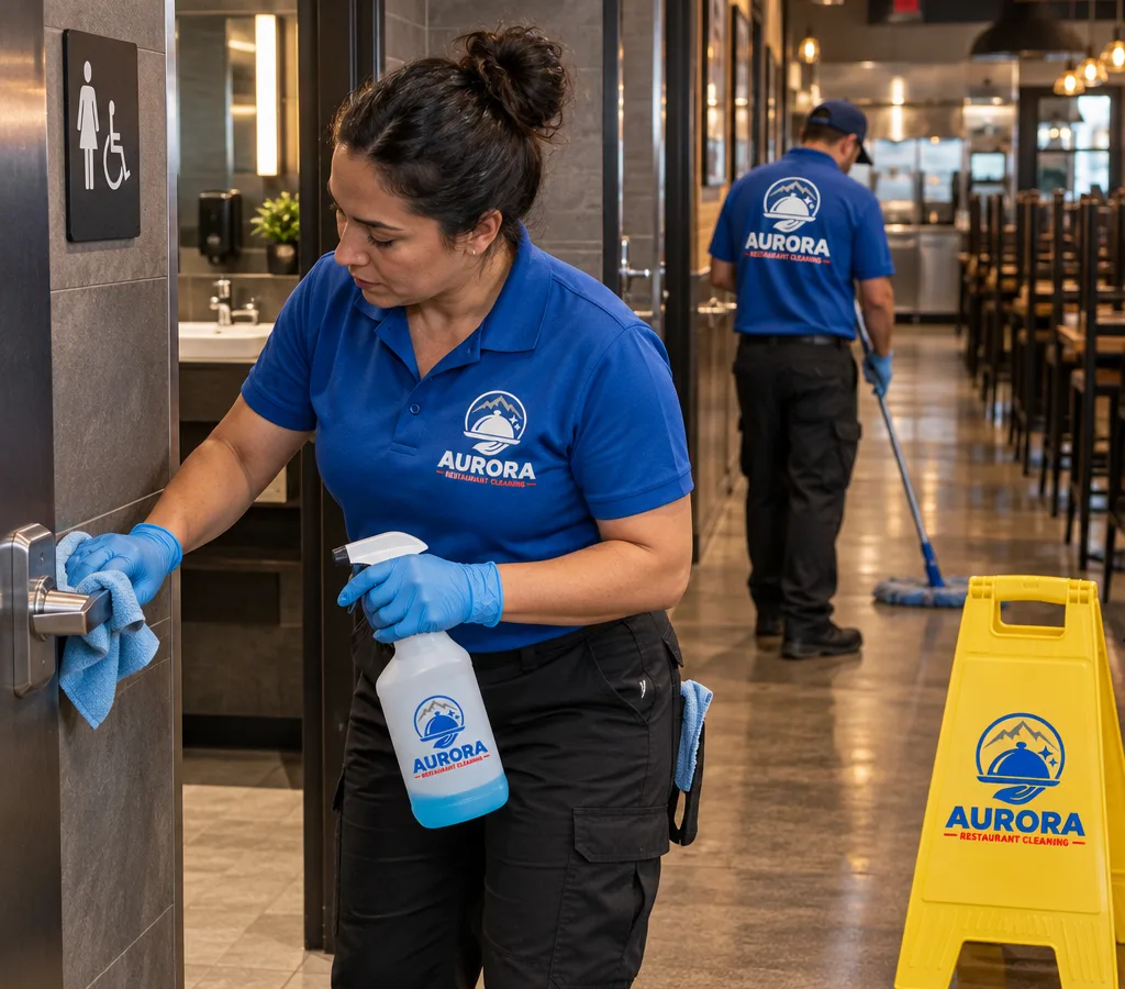 After-hours cleaning crew sanitizing a commercial restaurant restroom with touchpoint disinfection and wet-floor signage