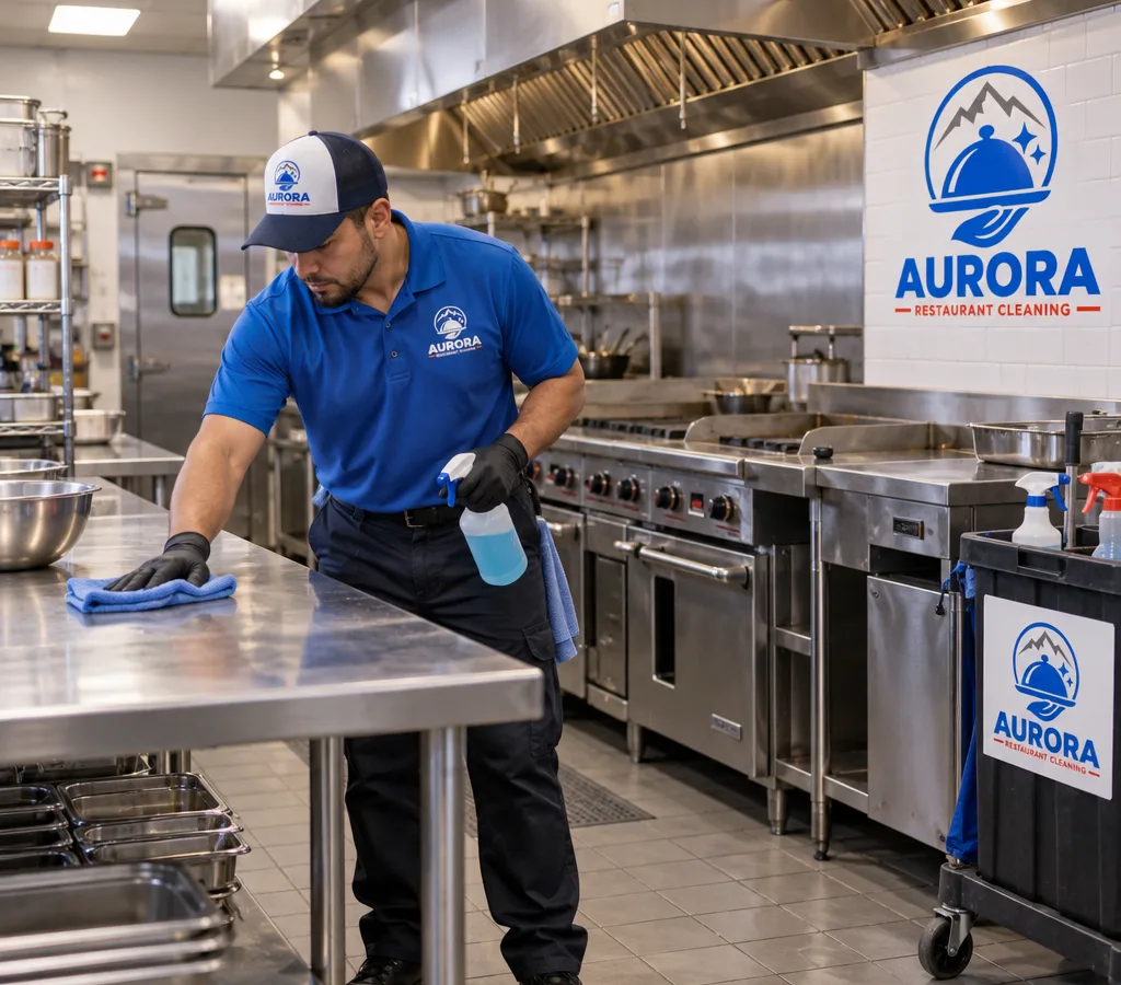 A technician cleaning stainless prep tables and degreasing equipment in a commercial restaurant kitchen in Centennial