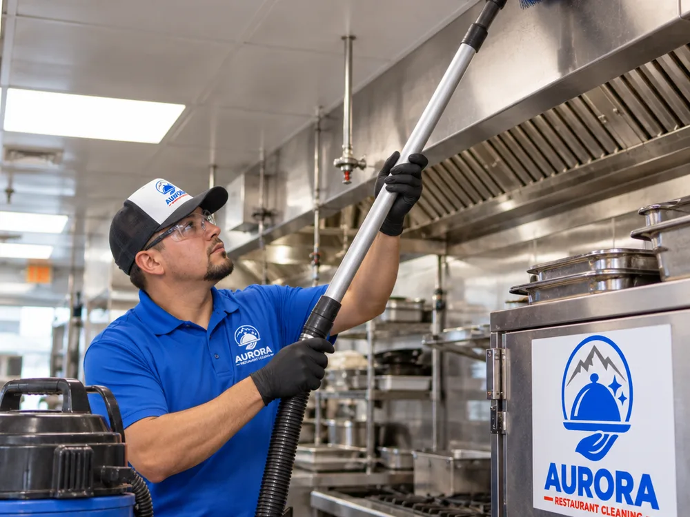 Technician using an extension pole to capture dust from overhead vents and equipment tops in a commercial restaurant kitchen