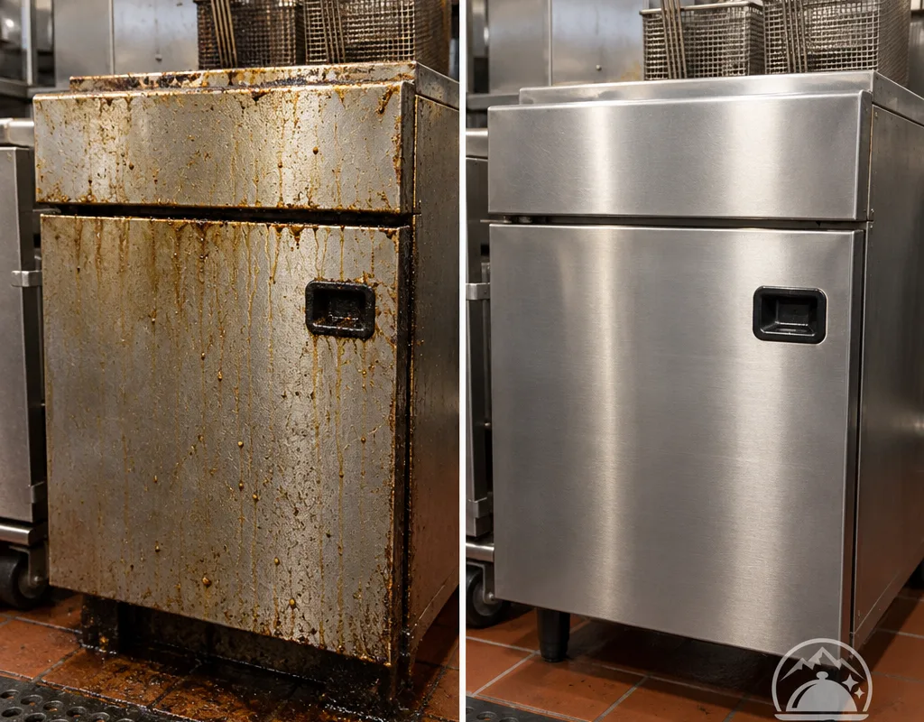 Before-and-after fryer cabinet exterior showing grease film and dark seam buildup beside restored stainless