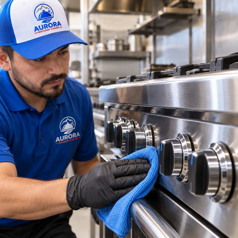 Clean stainless range front and control knobs free of grease streaking and fingerprints with a uniform finish