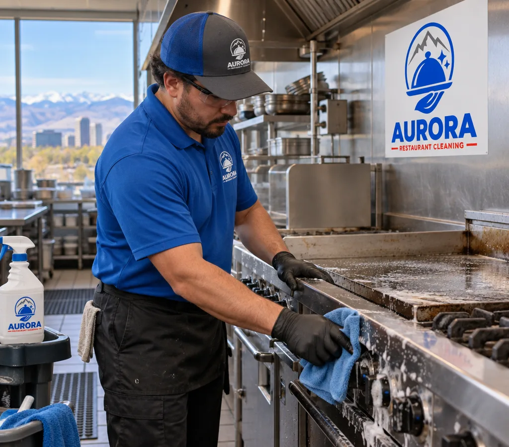 Technician cleaning a commercial stainless cookline in a Greenwood Village restaurant kitchen, degreasing equipment surfaces and carefully wiping controls