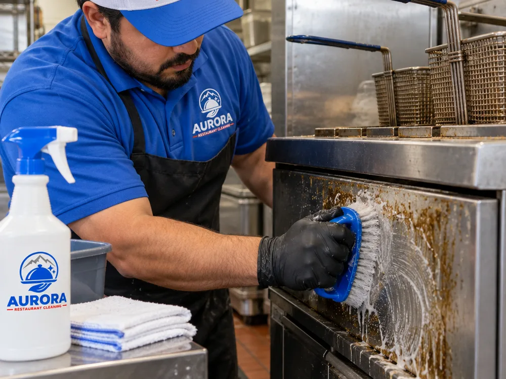 Technician hand-scrubbing degreaser buildup from a commercial fryer exterior and adjacent stainless panel with tools and wipes staged neatly