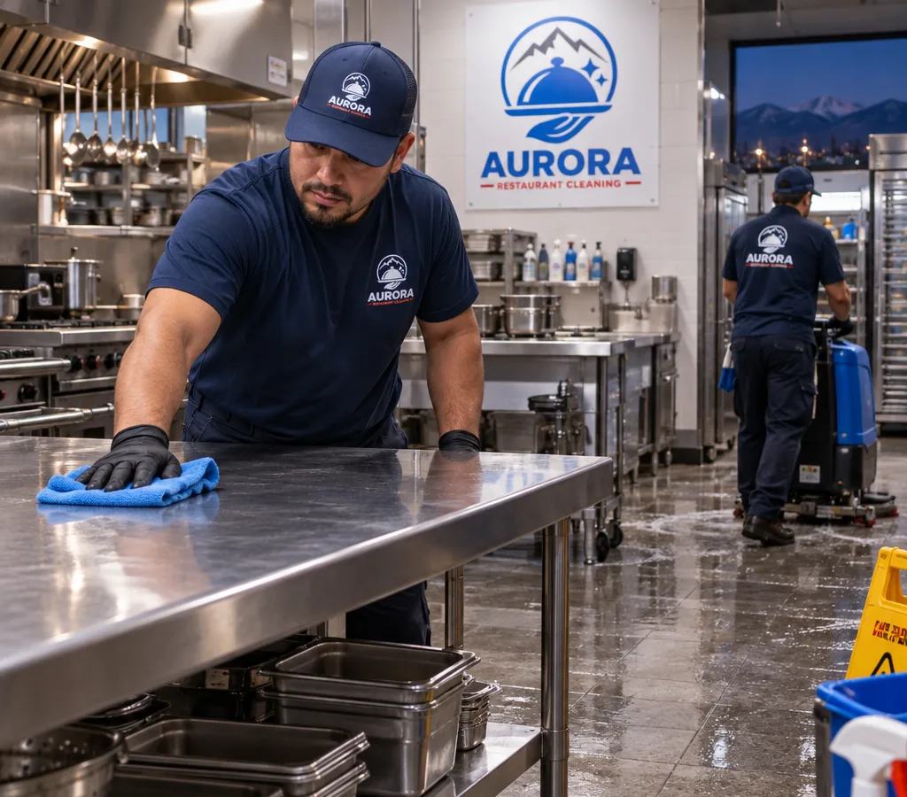 After-hours restaurant cleaning technician wiping stainless prep tables near floor scrubbing equipment