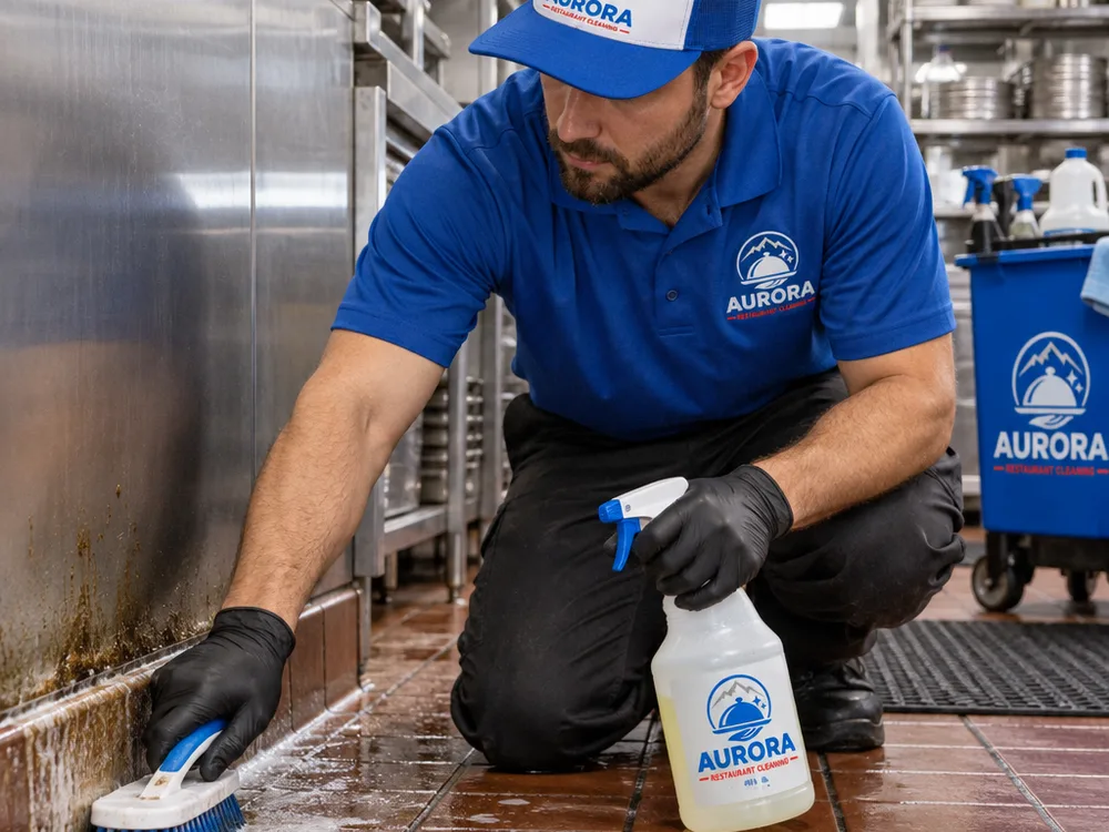 Technician detailing a commercial kitchen floor edge and baseboard with a scrub brush and degreaser
