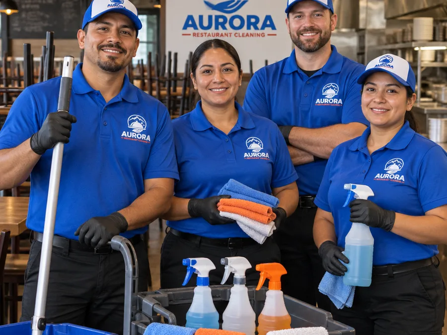 Aurora Restaurant Cleaning team staged with color-coded cloths, mop system, and labeled supplies before a restaurant cleaning shift
