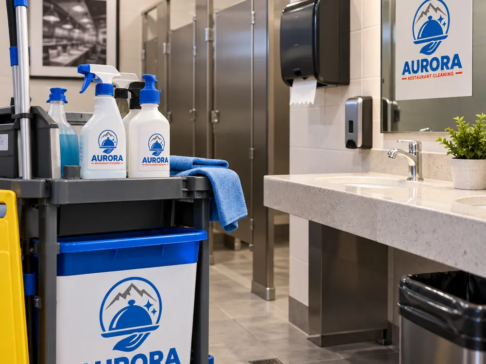 Restaurant restroom cleaning in progress with supplies safely staged and fixtures and touchpoints being detailed